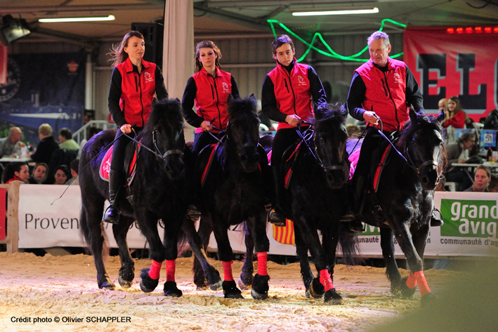 4 chevaux de Merens et leurs cavaliers à Cheval Passion 2014